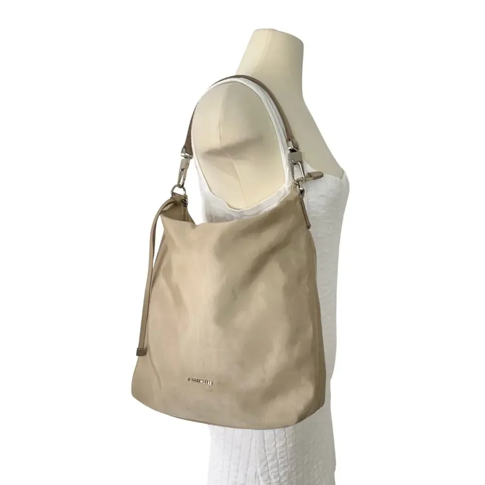 Coccinelle Textured Nylon Leather Trim Hobo Shoulder Bag Neutral Sandshell Beige